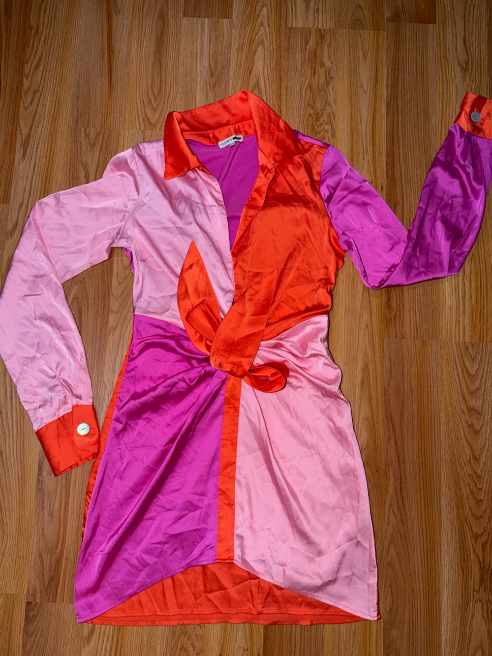 Fashion Nova Pink, Magenta & Orange Satin Wrap Mini Dress